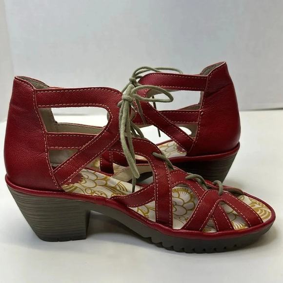 Fly London Lace Up Leather High Heel Open Toe Shoes Sandals Red Size 37 6.5 - 7 - Picture 5 of 13